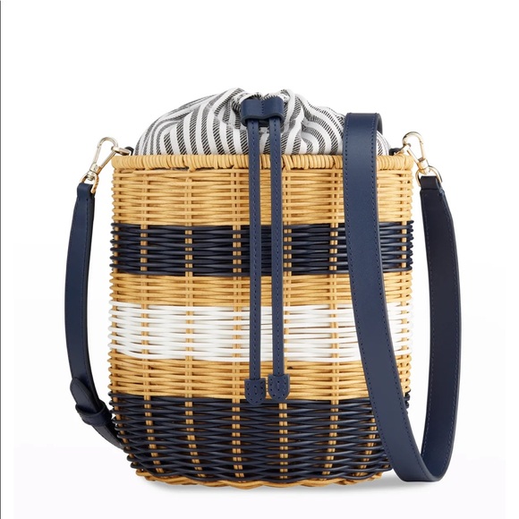 SOLD! 🎉Kate Spade medium wicker basket bag white navy stripe brand new with tag - Picture 5 of 15